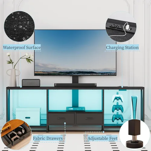 Miniatura 6 de Soporte de TV de 63 pulgadas de ancho con soporte para TV de 50, 55, 65, 75 pulgadas, centro de entretenimiento con toma de corriente y luces LED