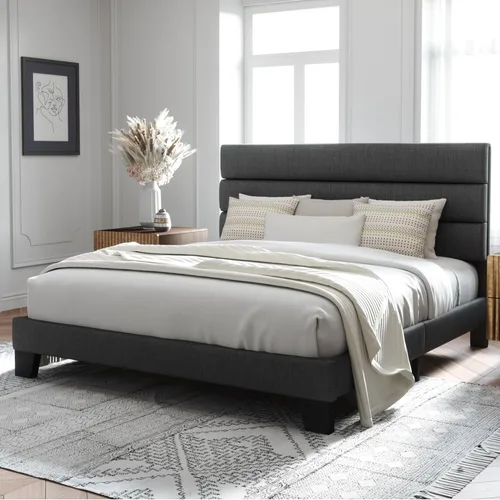 Miniatura 3 de Allewie - Base de cama tamaño King con cabecera tapizada en tela y soporte de listones de madera, base de colchón completamente tapizada; no Gris