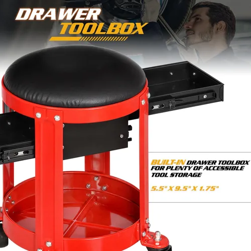 Miniatura 6 de Magshion Rolling Shop Taburete para garaje con cajón integrado, almacenamiento de herramientas y soporte para latas, asiento mecánico acolchado