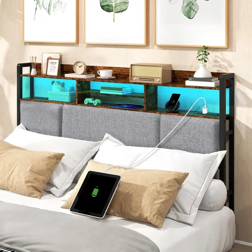 Miniatura 2 de Livofloral Cabecera tapizada de tamaño Queen con 2 tomas de corriente y luz LED, tablero principal con estantes de almacenamiento para cama, solo
