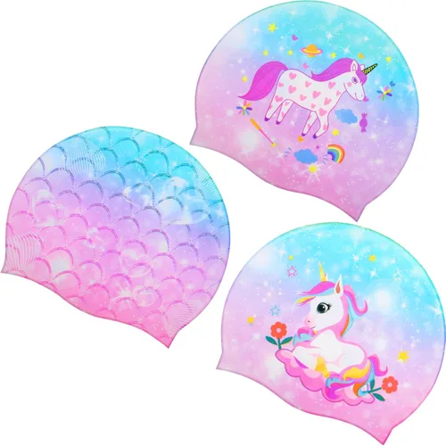 Miniatura 8 de Syhood Gorras de natación para niños, 3 unidades, impermeables, gorro de natación de dibujos animados para cabello largo y corto, para niños y niñas