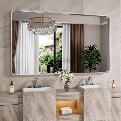 Miniatura 38 de JISOSO - Espejo de baño de 24x36 pulgadas con marco de metal cepillado color níquel, espejo con marco de metal cepillado plateado para pared, espejo