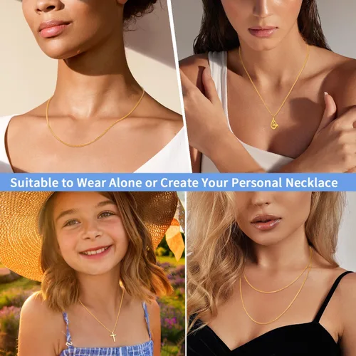 Miniatura 5 de Jewlpire Collar de cadena italiana de 0.051 in de oro macizo de 14 quilates sobre plata de ley 925 para mujeres y niñas, cadena de caja italiana
