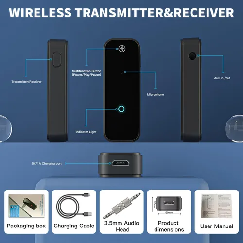 Miniatura 4 de Adaptador Bluetooth auxiliar portátil de 0.138 in de dientes azules adaptador auxiliar para coche 2 en 1 receptor Bluetooth inalámbrico