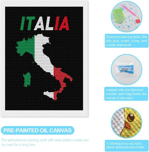 Miniatura 3 de Kit de pintura de diamantes de mapa de bandera de Italia, pintura de bricolaje, pintura de diamante, arte para decoración de pared del hogar
