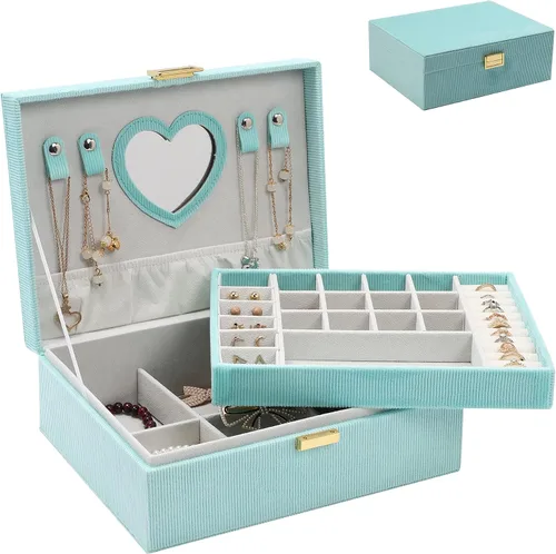 Dajasan Cajas de joyería para mujeres y niñas, caja organizadora de joyas, caja de joyería grande de terciopelo de 2 capas para anillos, collares,