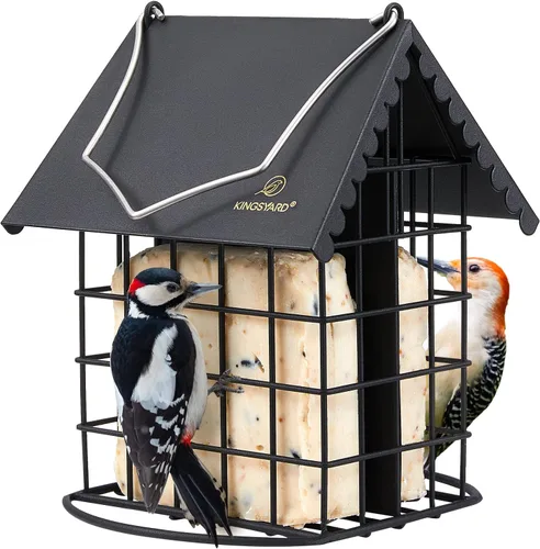 Miniatura 9 de Kingsyard Comedero doble de sebo para pájaros con techo a prueba de inclemencias del tiempo y percha, todo de metal, comedero de sebo para pájaros