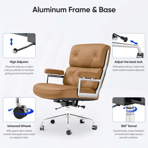 Miniatura 7 de Silla de oficina de cuero genuino, sillas de escritorio ejecutivas con respaldo medio con brazos y ruedas de aluminio, silla giratoria de cuero