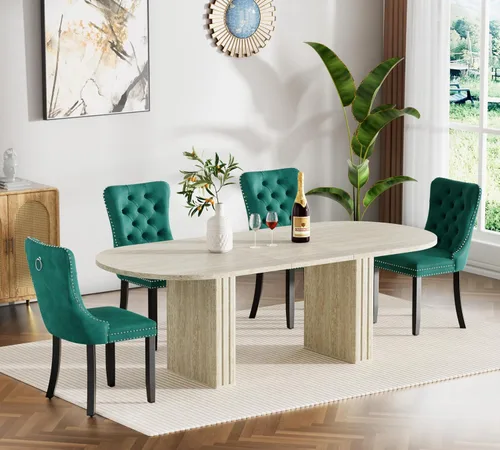 Miniatura 23 de Juego de 4 mesas de comedor extensibles, mesa de comedor ovalada negra y 4 sillas de comedor de terciopelo negro con patas de madera, juego de mesa