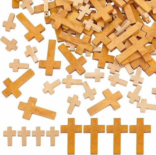 SUNNYCLUE 100 piezas de 2 estilos de cruces de madera de Pascua a granel con cruz de madera natural, cuentas de cruz para manualidades, fiestas, 100