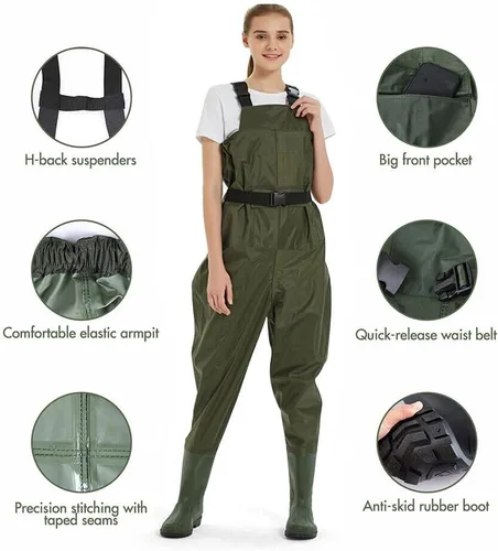 Miniatura 5 de Vadeadores de pecho con botas, de 2 capas de PVC/nailon, impermeables, para caza, pesca, camuflaje y pesca