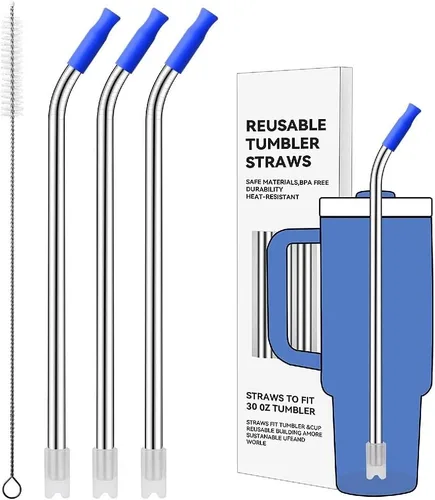 Miniatura 59 de Pajitas de metal rectas para vaso Stanley de 40 onzas, paquete de 3 popotes reutilizables de acero inoxidable con puntas de silicona y cepillo Gris