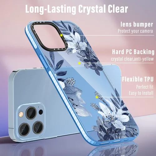 Miniatura 3 de Toycamp Funda para iPhone 13 Pro Max de 6.7 pulgadas, color azul, con soporte de anillo, diseño de flores azules, para mujeres, niños y niñas, Azul