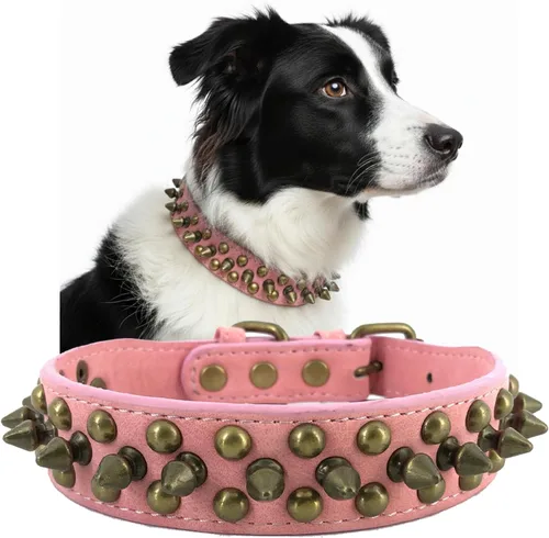 Miniatura 7 de Collar para perro con tachuelas, de piel sintética, redondo, antimordeduras, collar ajustable de estilo punk resistente para perros pequeños, Negro