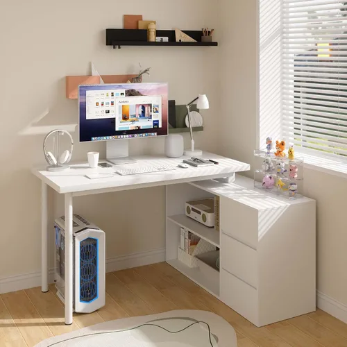Miniatura 3 de Bobve - Escritorio en forma de L para computadora de 47 pulgadas, escritorio de oficina en casa con cajones para archivos y estantes de Blanco