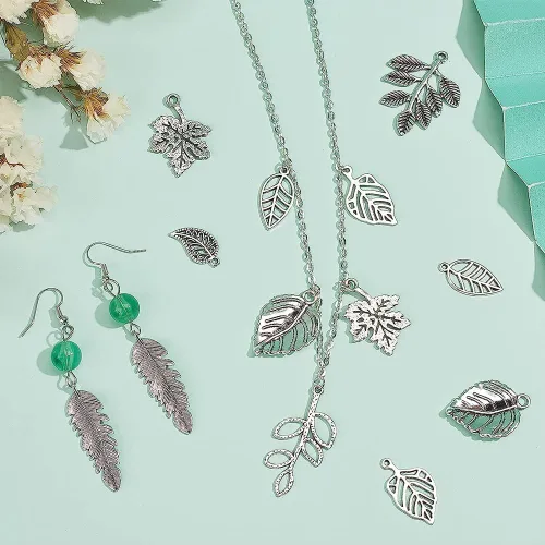 Miniatura 2 de PH PandaHall 150 dijes de hoja de árbol, 15 estilos de filigrana de hoja de metal, dijes de plantas de aleación tibetana de plata antigua, colgantes