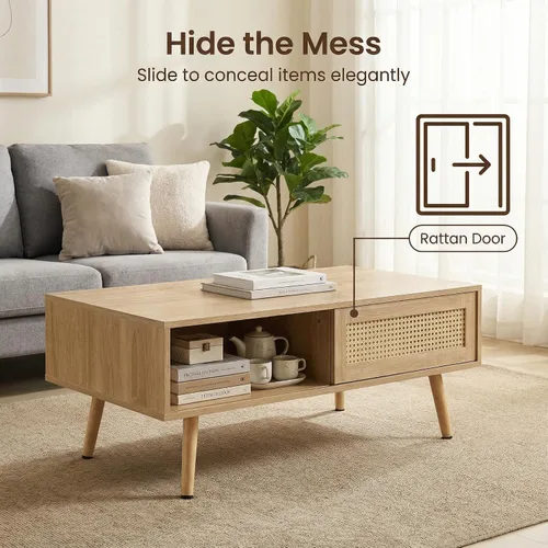 Miniatura 6 de Meihua Mesa auxiliar de ratán de 41.3 pulgadas con almacenamiento, mesa de sofá moderna de mediados de siglo con puerta corredera y patas de madera