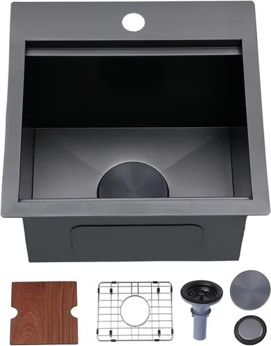 IKEBANA Fregadero de barra negro de 15 x 15 pulgadas, fregadero de barra sumergible de acero inoxidable de calibre 16, montaje en la parte superior,