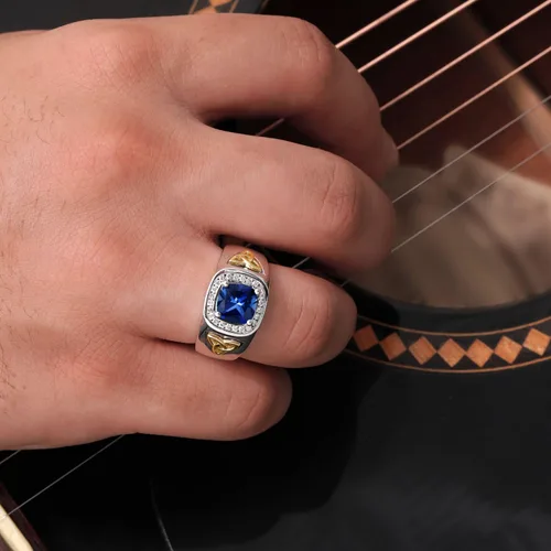 Miniatura 4 de Gem Stone King Men's Customized and Personalized 8MM Cushion Cut Gemstone Birthstone and White Lab Grown Diamond Ring for Men 925 Sterling Silver