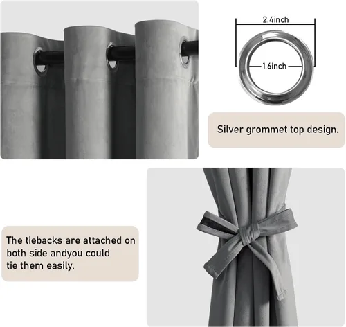 Miniatura 2 de JIUZHEN - Cortinas de terciopelo gris de 63 pulgadas opacas para sala de estar - Cortinas gruesas de terciopelo con ojales para ventana