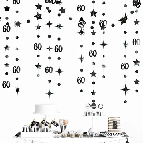 Miniatura 3 de Decoración de cumpleaños número 60 negro, círculo de punto estrella, guirnalda colgante, banderines, telón de fondo para hombres, vítores a los 60