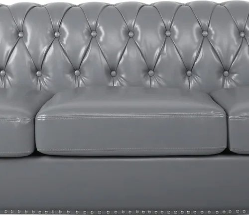 Miniatura 5 de RARZOE Moderno sofá Chesterfield de poliuretano de 3 plazas, sofá Chesterfield tapizado de piel con botones capitoné, sofá clásico de piel sintética