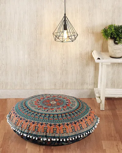 Miniatura 2 de Popular Handicrafts Funda de cojín de suelo – Funda de cojín de mandala de elefante hippie grande de algodón – Funda de puf redonda bohemia Azul