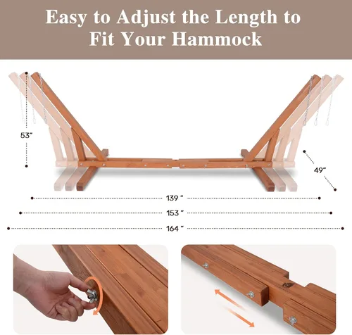 Miniatura 3 de SUNCREAT Soporte de hamaca de madera ajustable de 12 a 14 pies, solo soporte de hamaca de madera de alerce para exteriores, capacidad de 475 libras
