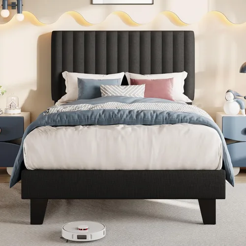 Miniatura 14 de Einhomn Base de cama tamaño Queen con cabecero, base de cama tapizada de lino con listones de madera maciza, sin ruido, no necesita somier, fácil