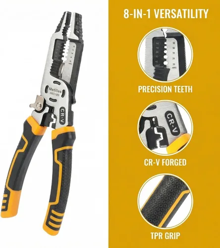 Miniatura 8 de Herramienta pelacables 8 en 1, alicates de electricista multifunción CR-V de 9 pulgadas, ideal para pelar, cortar, engarzar y sujetar cables. Agarre