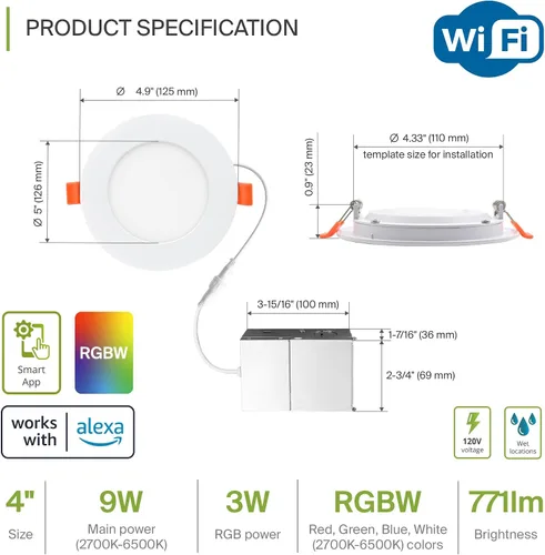 Miniatura 2 de ASD 1 Pack LED Smart Recessed Lighting 4 Inch 9W, RGBW Color Changing Lights, Compatible with Alexa & Google Assistant, Dimmable 2700K-6500K