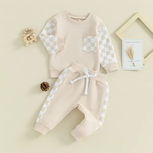 Miniatura 52 de Conjunto de ropa de otoño e invierno para bebé niño pequeño, sudadera de manga larga con colores contrastantes, pantalones elásticos para recién