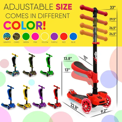 Miniatura 3 de Hurtle Patinete de 3 ruedas para niños, luces LED de ruedas, manubrio ajustable de inclinación para dirigir y asiento plegable, paseo sentado