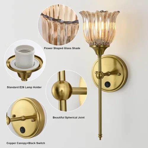 Miniatura 3 de Juego de 2 apliques de pared modernos con pantalla de cristal de flor ámbar, accesorios de luz de pared de tocador de baño de mediados de siglo
