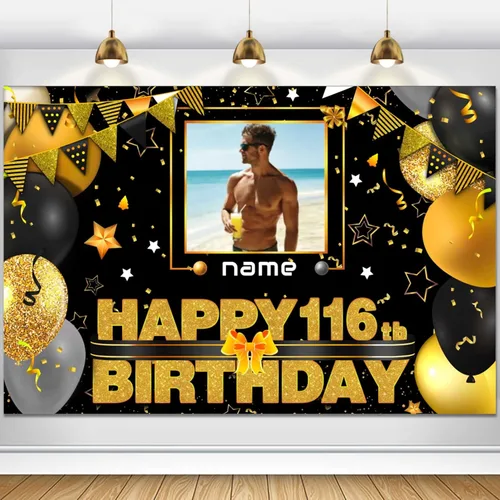 Miniatura 44 de Cartel decorativo personalizado de feliz cumpleaños número 100 - Personalización disponible - Negro y dorado - Tamaño grande - Admite fotos