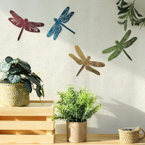 Miniatura 3 de Teling 4 piezas de arte de pared de colibrí de metal, libélula de metal, decoración de pared para casa de campo moderna, rústica, sala de estar