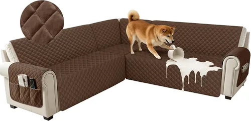 Miniatura 34 de Fundas impermeables para sofá seccional de esquina en forma de L, de terciopelo, juego de 6 piezas, funda en forma de U para sofá, para perros