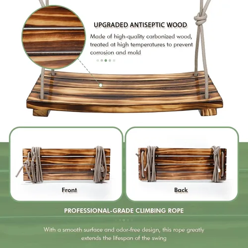 Miniatura 3 de Asiento de columpio de madera mejorado 2025, 18 x 8 pulgadas, columpio de árbol colgante para adultos y niños, carga de 440 libras, cuerda de nailon