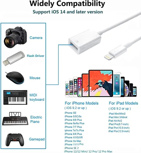 Miniatura 5 de Apple Lightning a adaptador de cámara USB, cable USB 3.0 OTG para iPhone/iPad para conectar lector de tarjetas, unidad flash USB, disco U, teclado