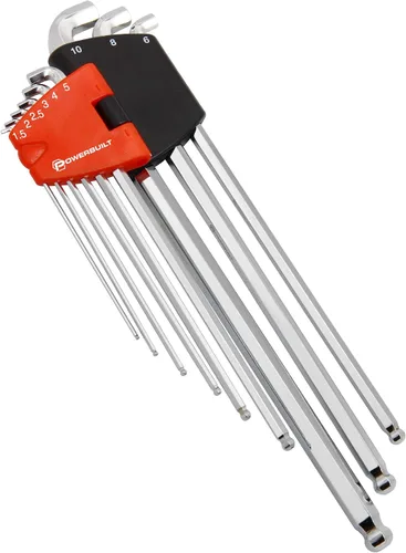 Powerbuilt Juego de llaves hexagonales de extremo de bola de brazo largo métrico de 9 piezas, llave Allen, brazo extralargo, extremo de bola, tamaño