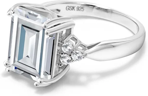 Miniatura 18 de Gem Stone King Anillo de compromiso con piedra natal de 5-10 quilates para mujer, plata de ley 925, corte esmeralda de 0.47 x 0.394 pulgadas, anillo