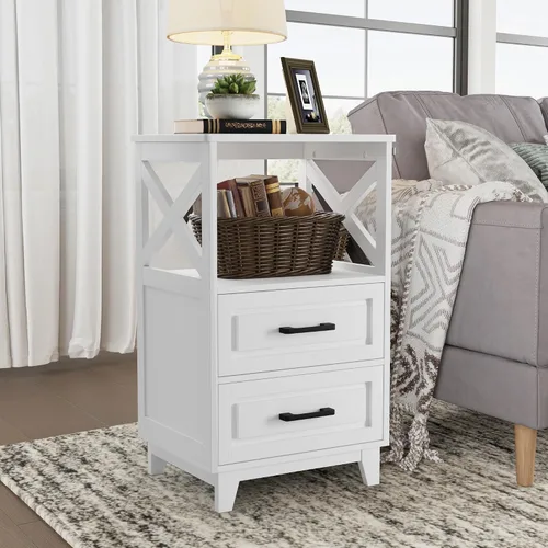 Miniatura 25 de FansaFurn Mesita de noche de granja con estación de carga, mesa auxiliar rústica de madera para dormitorio, sala de estar, 16 pulgadas de Gris claro