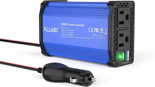 Miniatura 12 de ALLWEI - Inversor de corriente de 300 W, adaptador de toma de corriente con enchufe para coche, CC 12 V a CA 110 V, con cargador rápido USB-C PD
