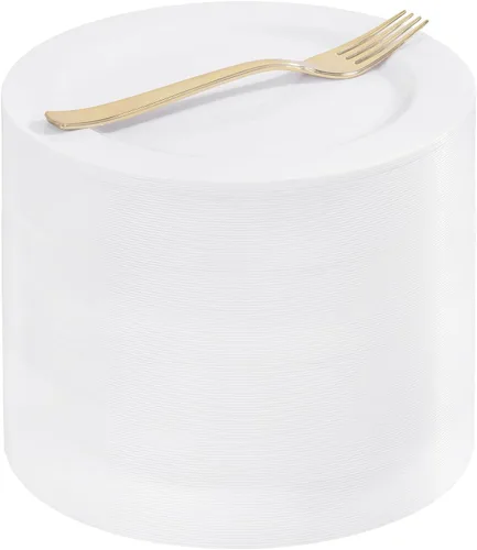 WELLIFE 100 platos de postre de plástico blanco y 100 tenedores desechables dorados, plato duro de postre de alta calidad de 7.5 pulgadas, platos de