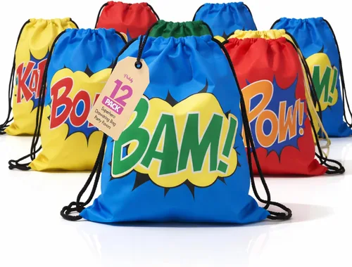 Podzly - 12 bolsas de superhéroes con cordón para fiestas - Lindas mochilas con cincha para niños, niñas, niños - Bolsas de regalo de cumpleaños,