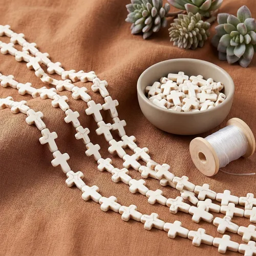 Miniatura 6 de Jucoan 240 cuentas espaciadoras de cruz blanca y turquesa gruesa, cuentas pequeñas con dije de cruz religiosa para pulseras, collares, rosario