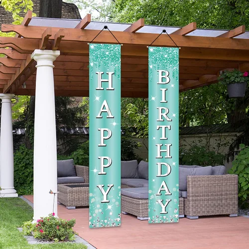 Miniatura 6 de Cartel de feliz cumpleaños de color verde azulado plateado para niñas y mujeres, letrero de porche azul desayuno, suministros de fiesta, 10, 13, 16