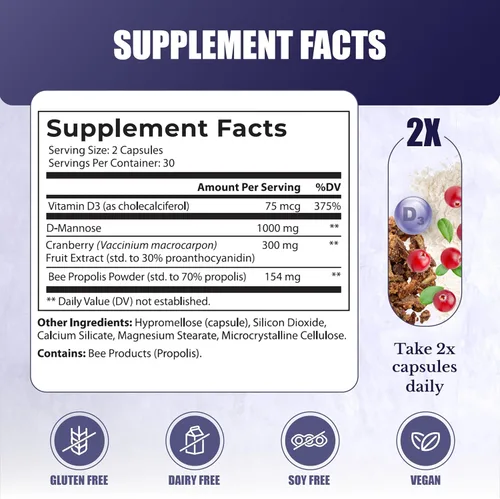 Miniatura 2 de UroBliss Suplementos UTI - D manosa con extracto de arándano, propóleo y vitamina D3 - Alivio de las infecciones urinarias, apoyo de la vejiga