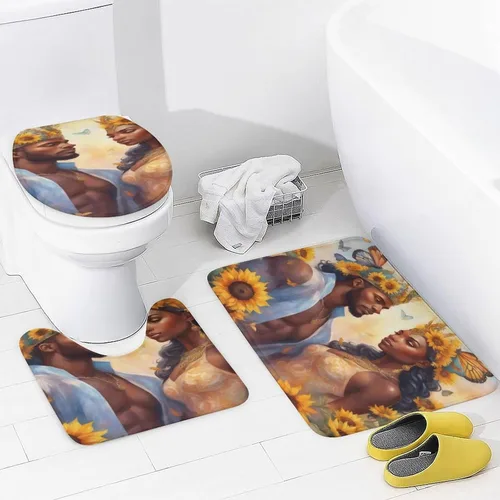 Miniatura 3 de Juego de alfombras de baño ultrasuaves de 3 piezas antideslizantes, tapetes de baño para parejas afroamericanas, juego de baño con alfombras