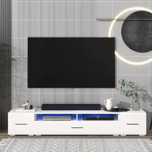 Miniatura 21 de Soporte de TV versátil de alto brillo con luces LED que cambian de color y 2 estantes de vidrio templado, centro de entretenimiento para televisores